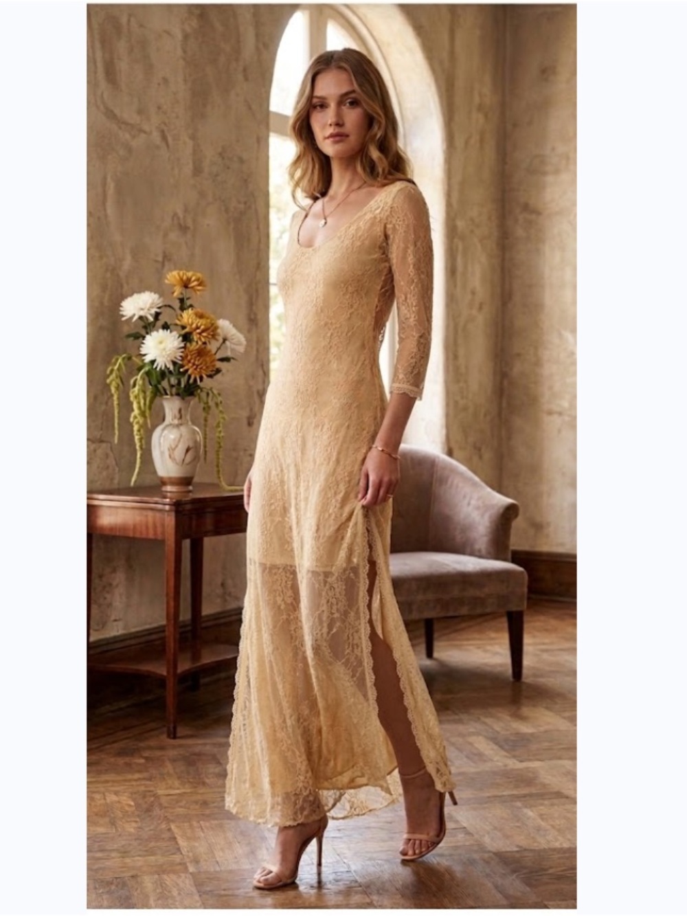 Vintage Lace Maxi Dress Champagne Yellow
